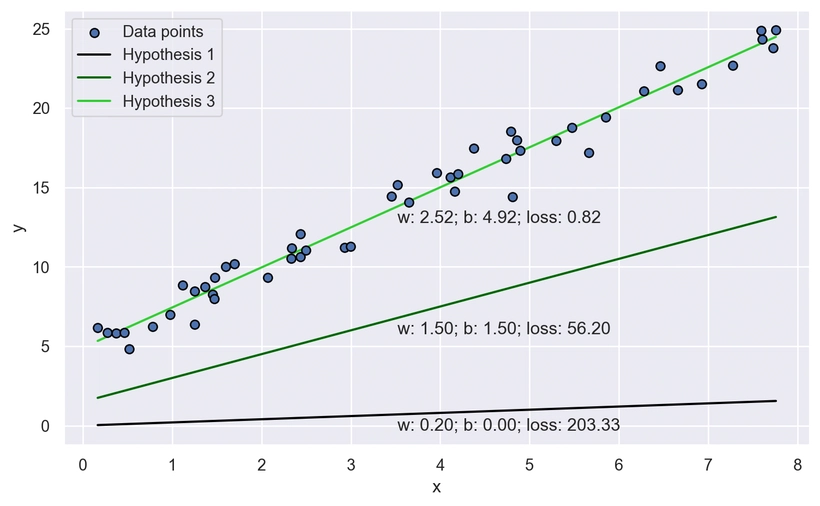 Plot di tre funzioni di ipotesi, con distinti parametri w e b