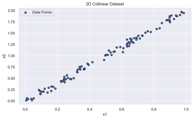 Scatterplot di due feature Collineari x1 e x2, dove x2 = 2x1 + noise