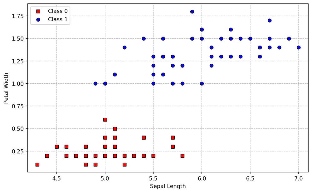 Scatterplot del dataset Iris, considerando le due feature 'Sepal length' e 'Petal width'