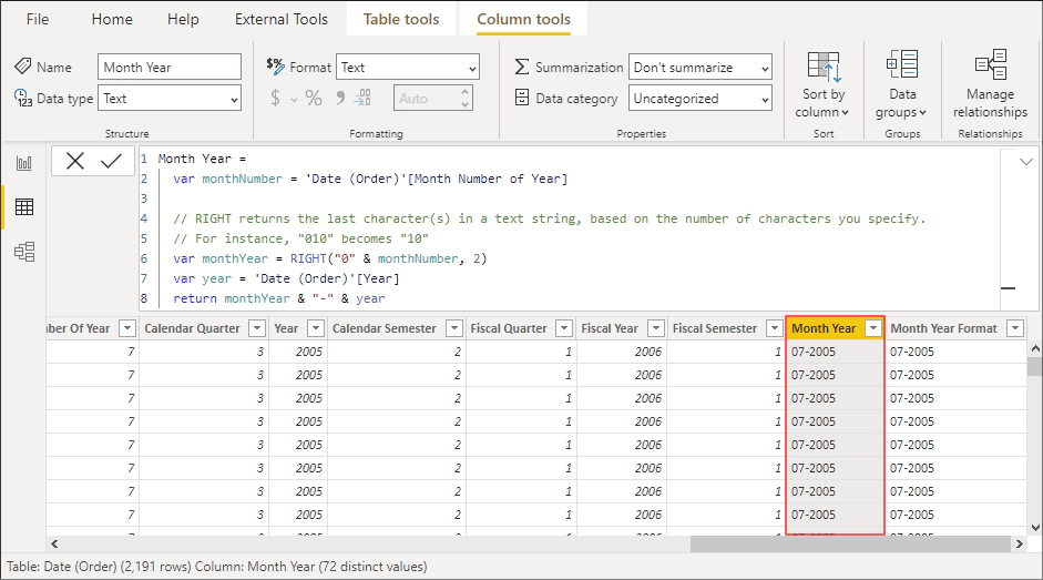 Figura 3: Calculated Column 'Month Year' Calculated Column 'Month Year'