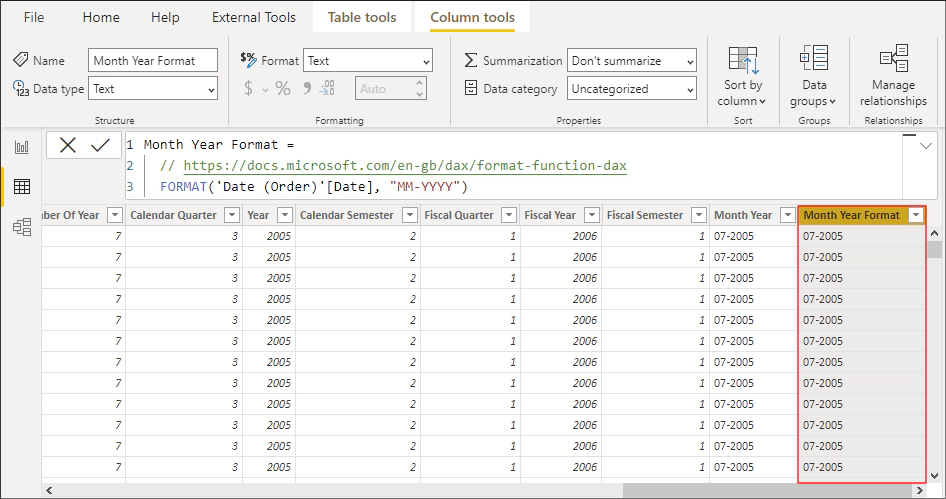 Figura 4: Calculated Column 'Month Year' creata con la funzione FORMAT Calculated Column 'Month Year' creata con la funzione FORMAT