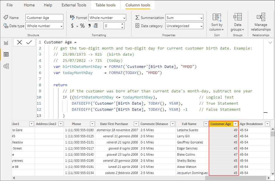 Figura 5: Calculated Column 'Customer Age' Calculated Column 'Customer Age'
