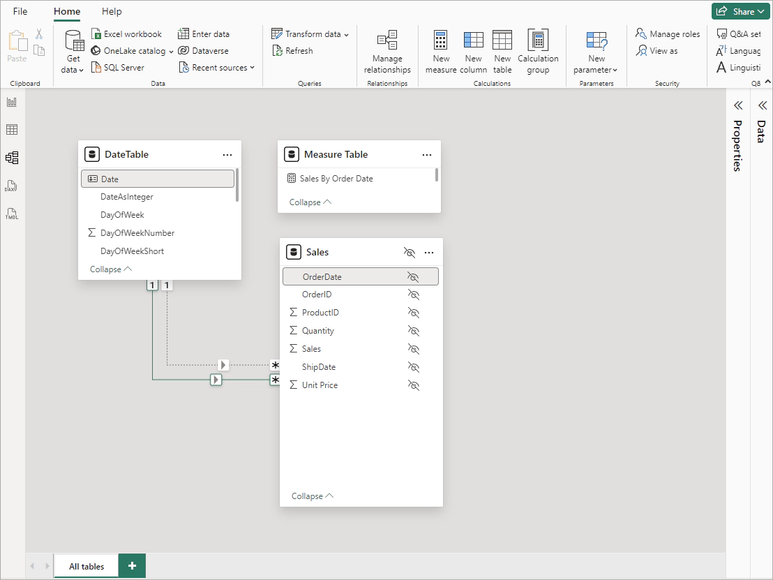 Relazioni tra DateTable e Sales