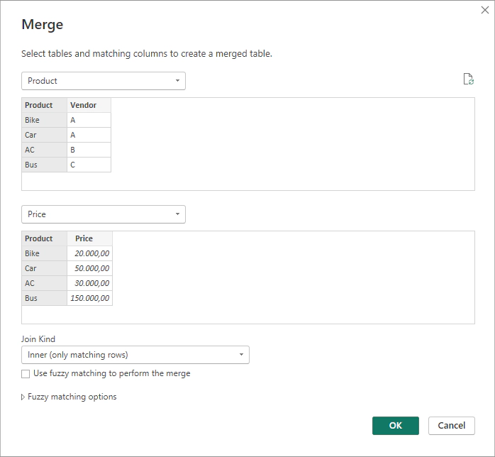 Dialog di Power BI per l'operazione di Merge di due tabelle 'Uno a Uno'